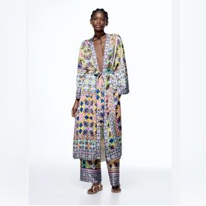 ZARA Printed Belted Long‎ Open Front Floral Kimono Robe With Pants Size Large